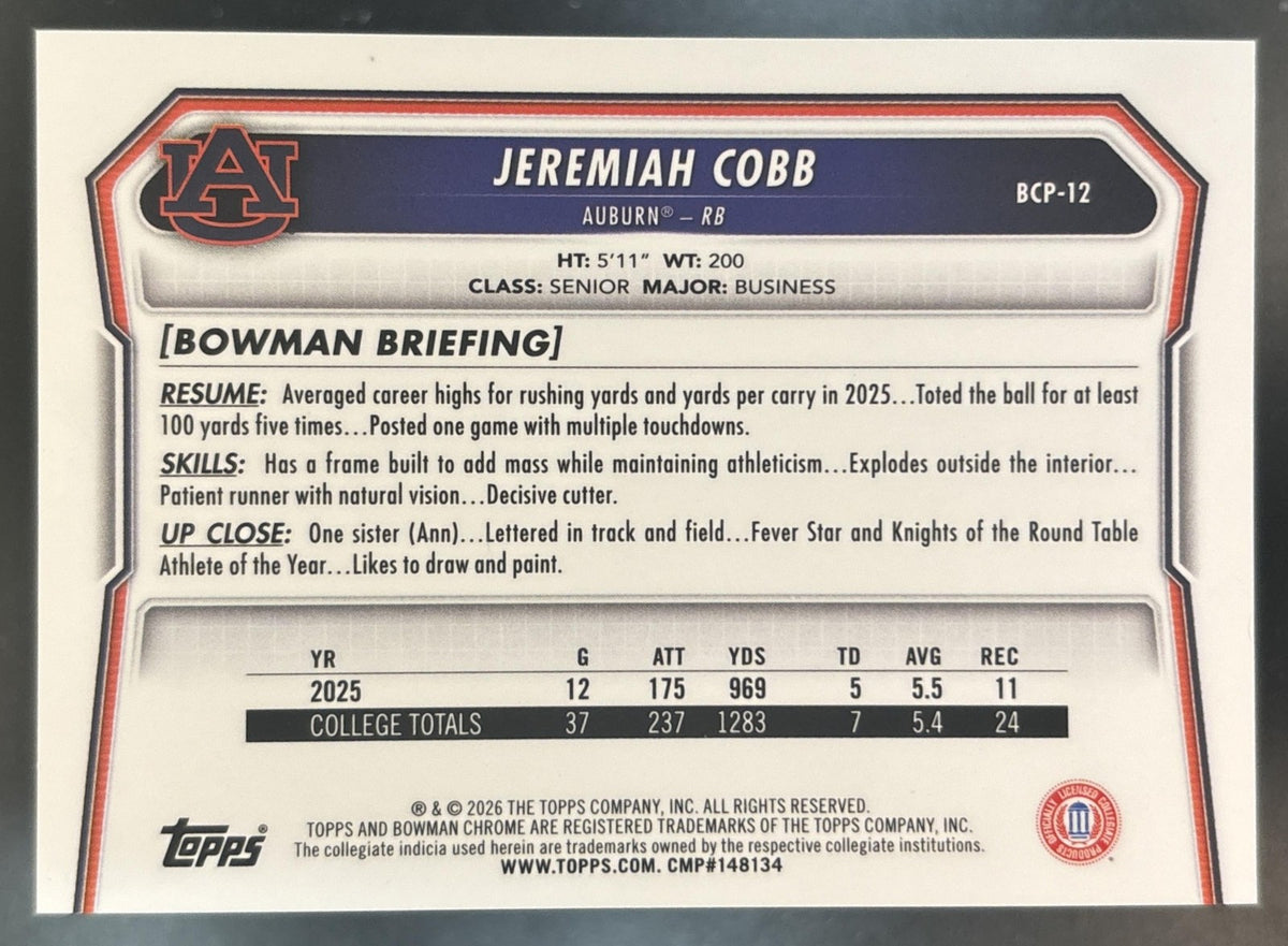 2026 Bowman Jeremiah Cobb Chrome Gold Reptilian /50 #BCP-12 1st Prospect Tigers