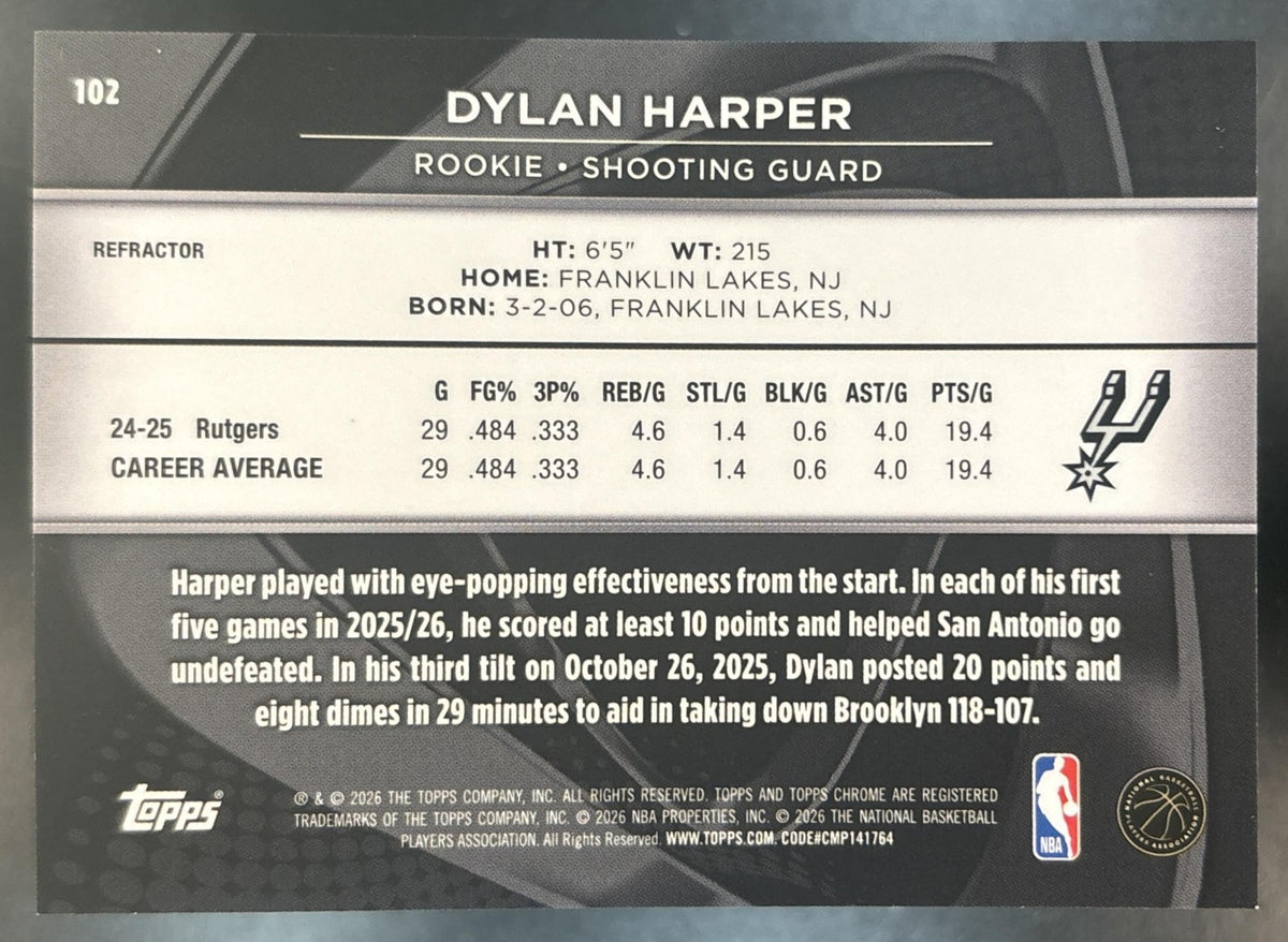 2025-26 Topps Chrome Black Dylan Harper Refractor /299 #102 RC San Antonio Spurs