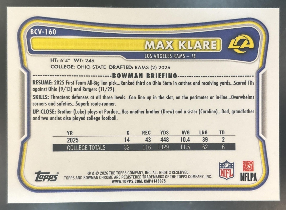 2026 Bowman Max Klare Chrome NFL Blue Reptilian /150 #BCV-160 RC Rams