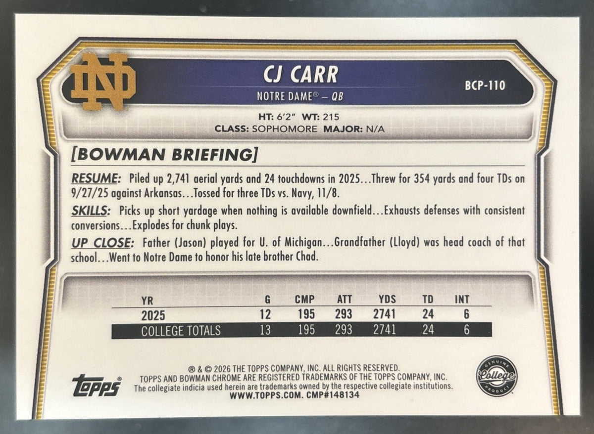 2026 Bowman University CJ Carr Chrome Pink Refractor #110 /250 1st Prospect