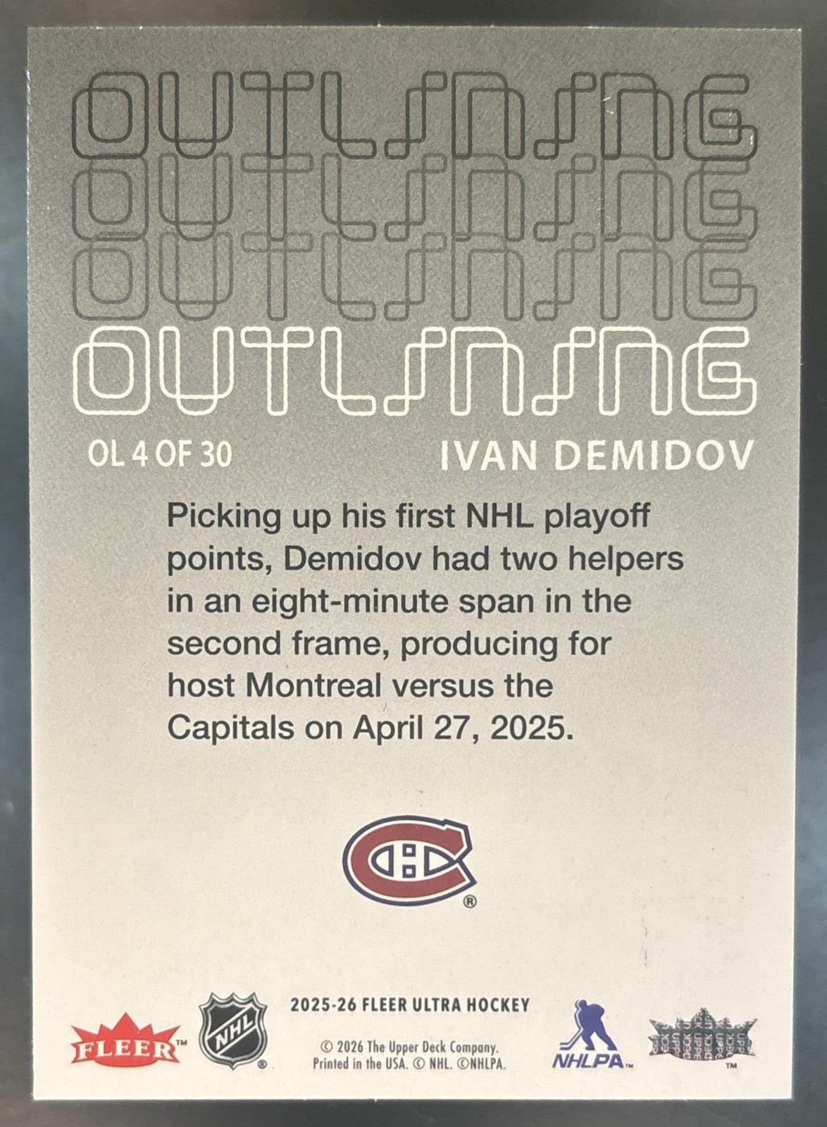 2025-26 Upper Deck Fleer Ultra Ivan Demidov Outlining #4 RC Montreal Canadiens