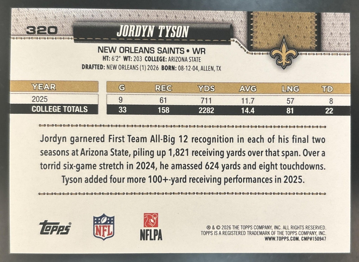 2026 Topps Jordyn Tyson Team Color Border Variation #320 RC New Orleans Saints