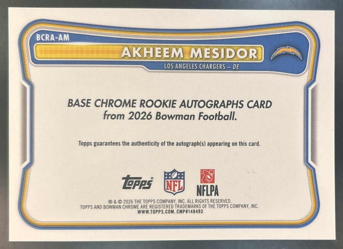 2026 Bowman Akheem Mesidor Chrome Auto Green /99 #BCRA-AM RC Chargers