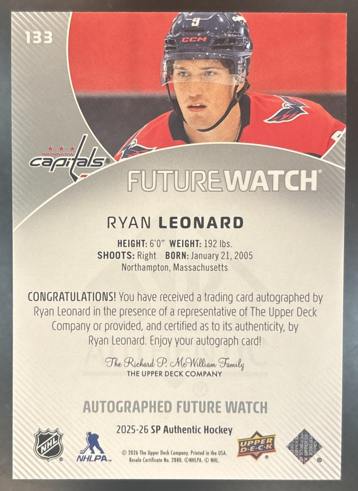 2025-26 UD SP Authentic Ryan Leonard Auto Future Watch Horizontal /199 RC