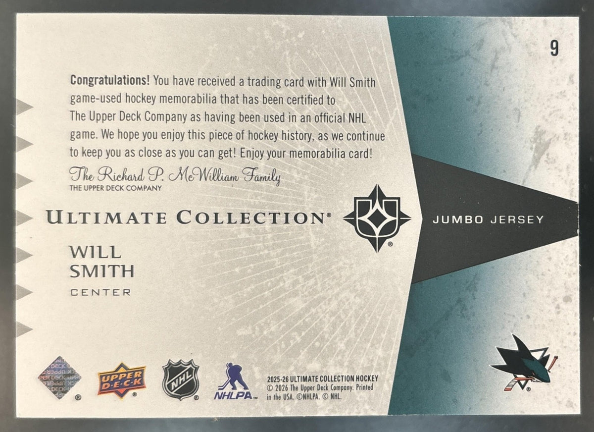 2025-26 Upper Deck Ultimate Collection Will Smith Jumbo Jersey /199 #9 Sharks