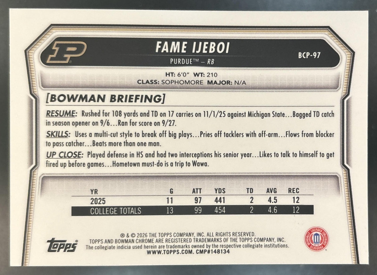 2026 Bowman Fame Ijeboi Chrome Purple Refractor /75 #BCP-97 1st Prospect