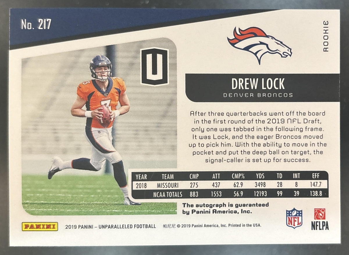 2019 Panini Unparalleled Drew Lock Rookie Signatures #217 RC Auto Denver Broncos