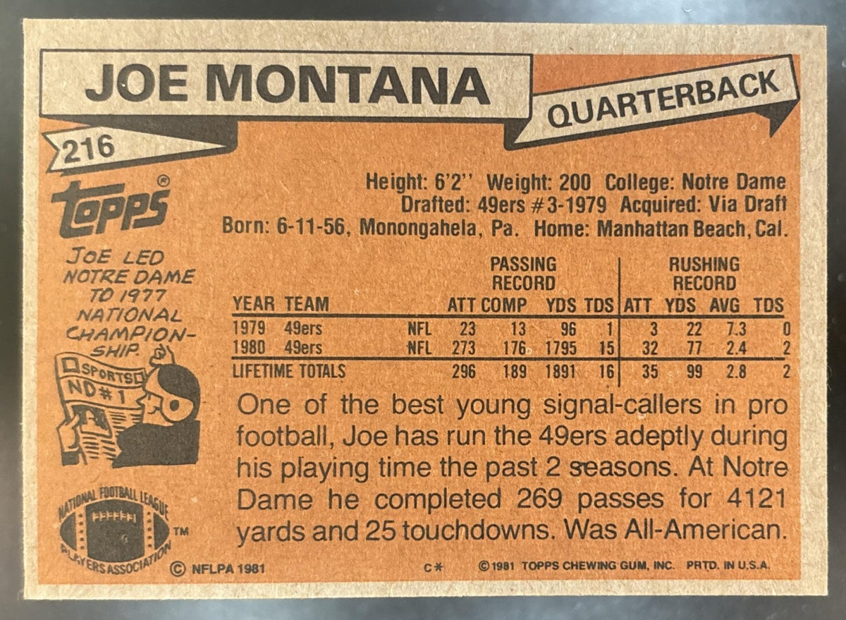 1981 Topps Joe Montana #216 RC San Francisco 49ers