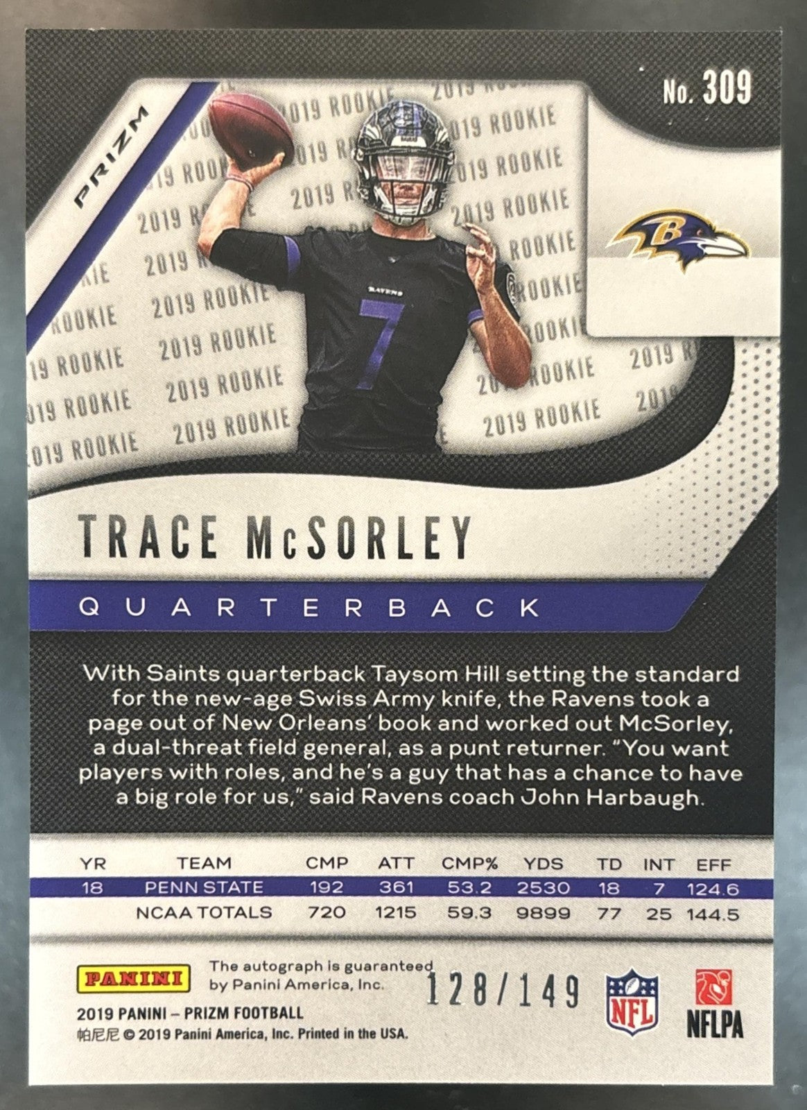 2019 Panini Prizm Trace McSorley Auto Red Wave /149 #309 RC Baltimore Ravens