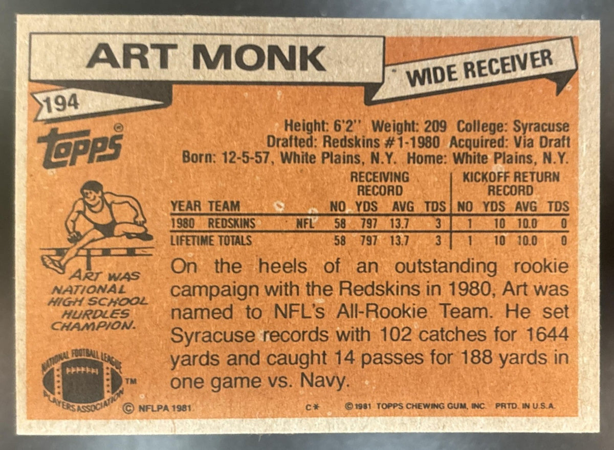 1981 Topps Art Monk #194 RC Washington Redskins