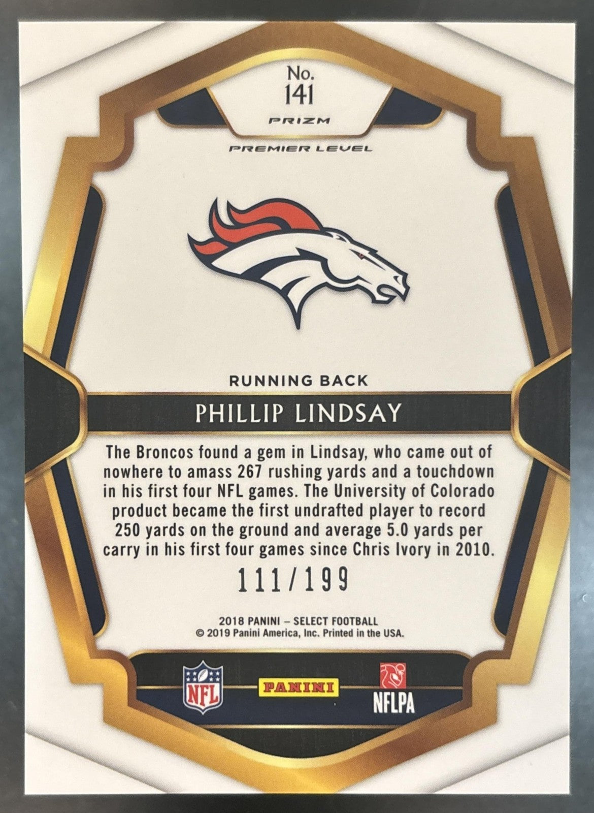 2018 Panini Select Phillip Lindsay Tri Color Prizm /199 #141 RC Denver Broncos