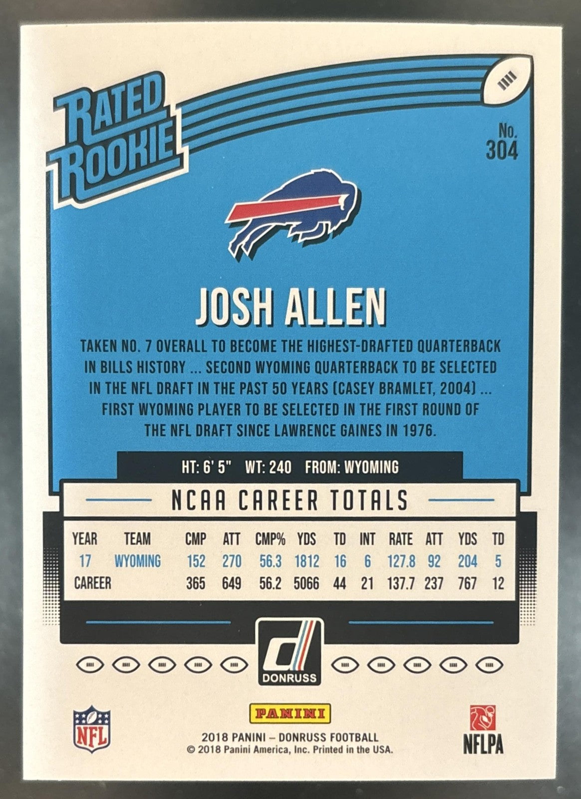 2018 Panini Donruss Josh Allen #304 RC Buffalo Bills