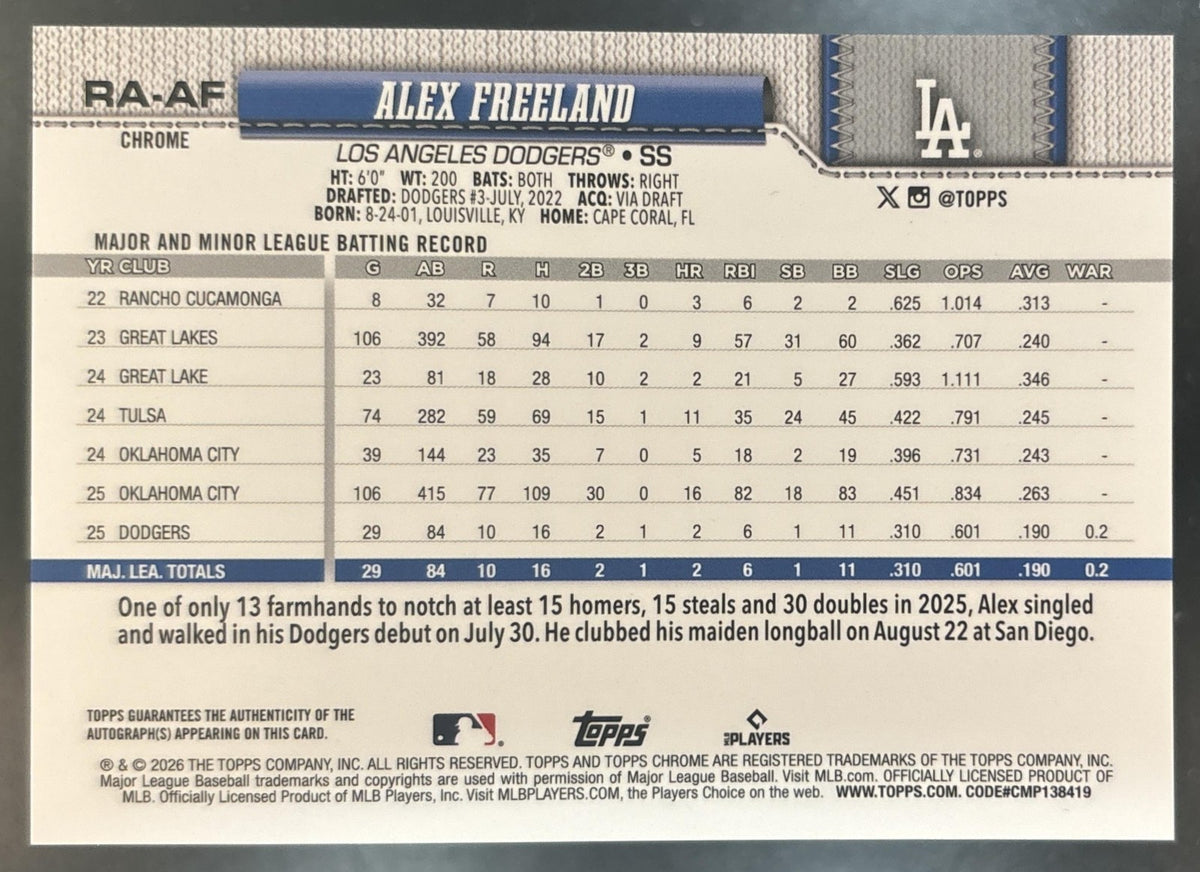 2026 Topps Chrome LogoFractor Alex Freeland Auto Blue /150 RC Dodgers