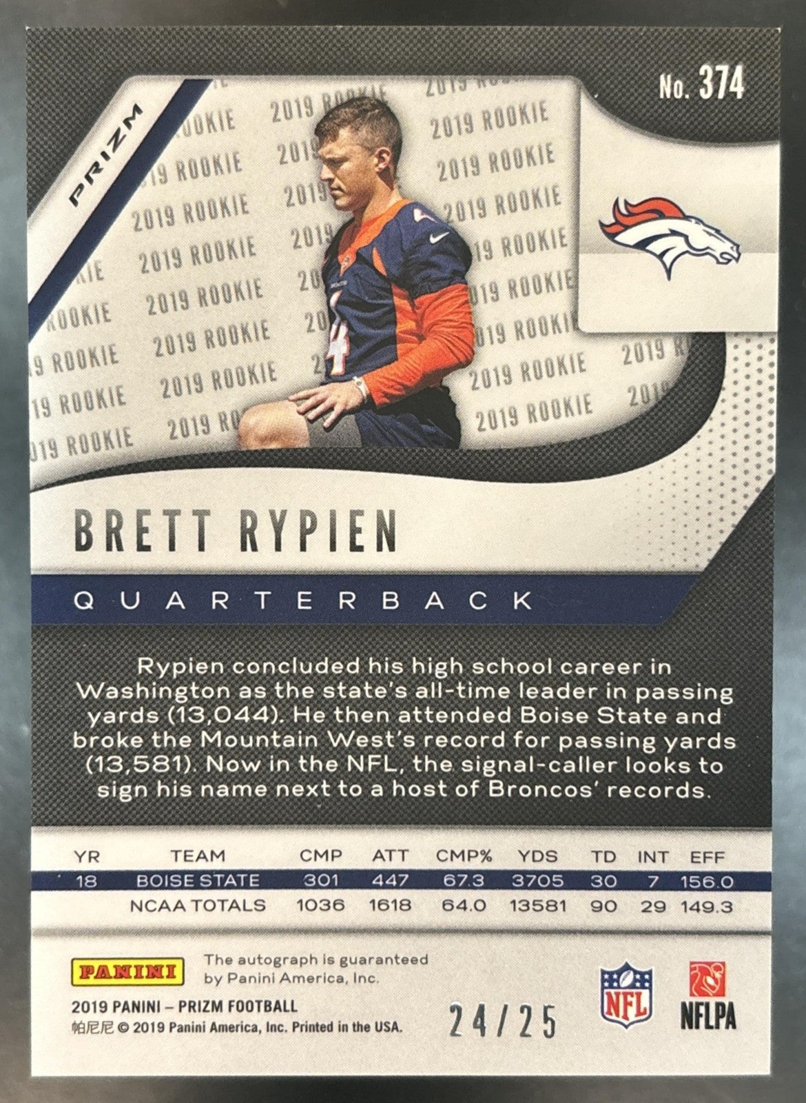 2019 Panini Prizm Brett Rypien Rookie Auto Red Shimmer /25 #374 RC Broncos