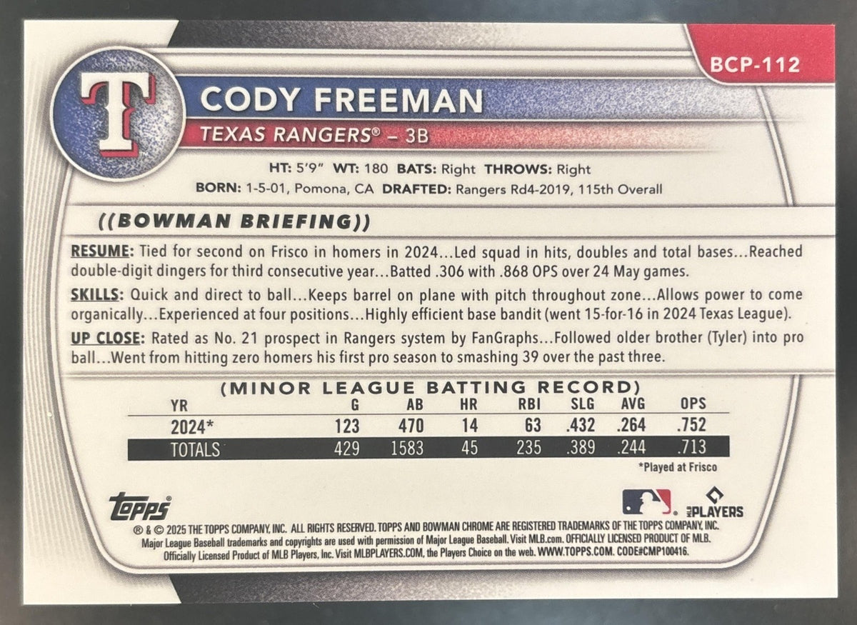 2025 Bowman Cody Freeman Chrome Purple Raywave /250 #BCP-112 1st Prospect