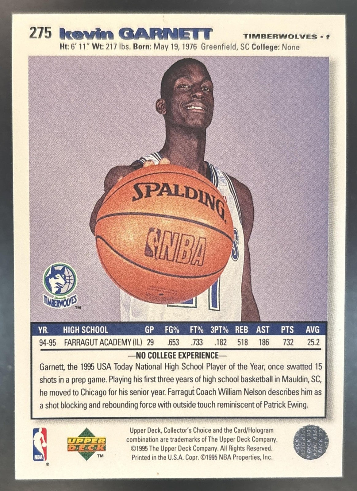 1995-96 Upper Deck Collector's Choice Kevin Garnett Platinum Player's Club #275