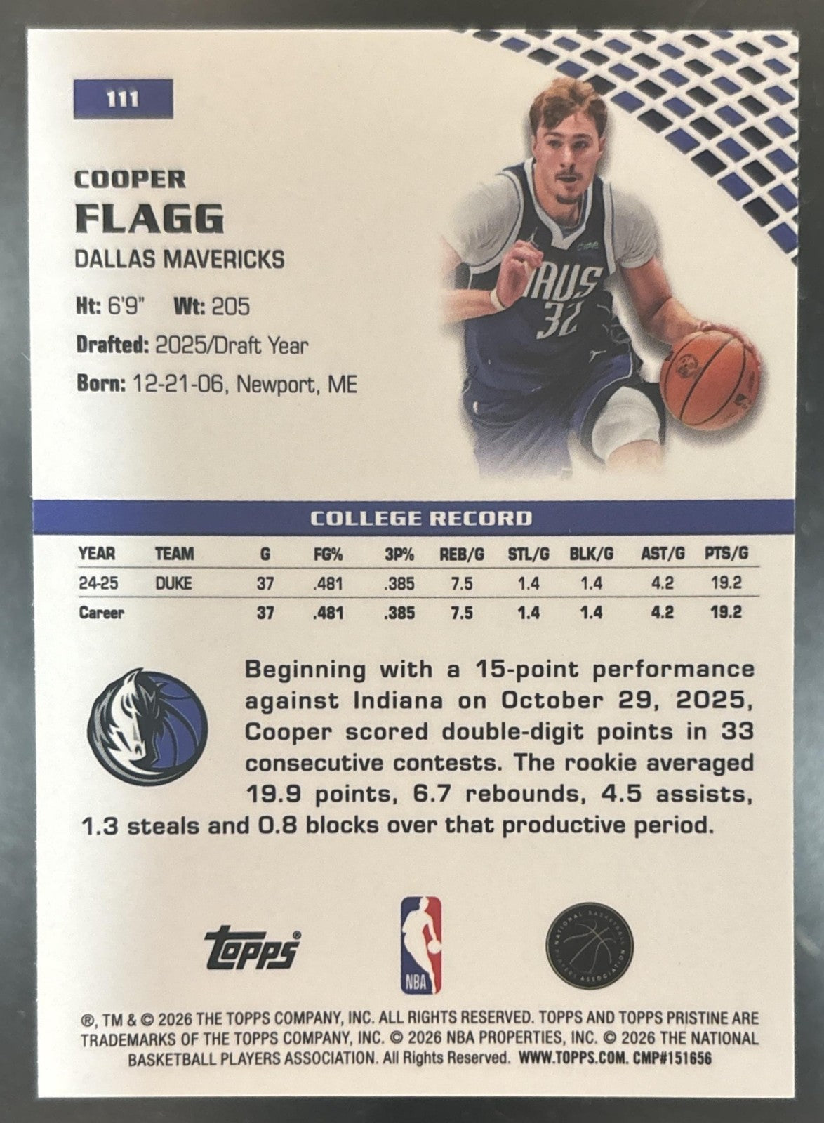 2025-26 Topps Pristine Cooper Flagg #111 RC Dallas Mavericks