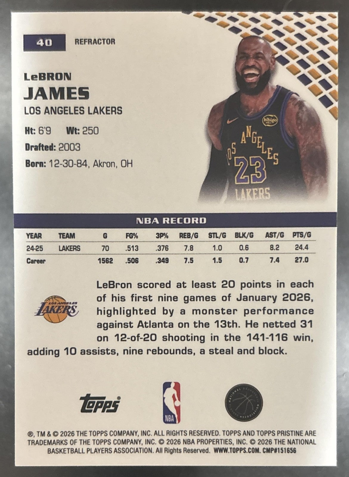 2025-26 Topps Pristine LeBron James Refractor #40 Los Angeles Lakers