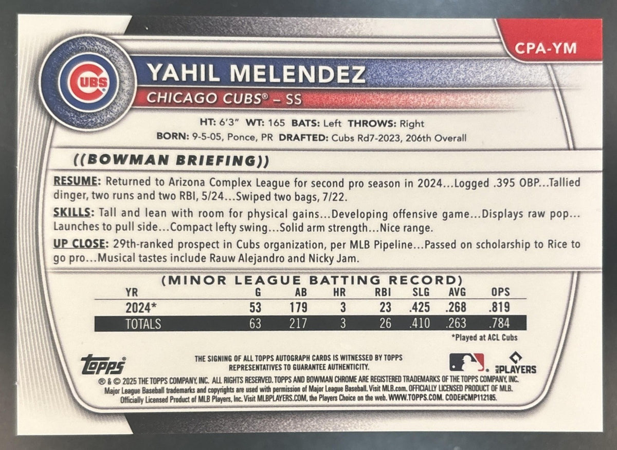 2025 Bowman Chrome Yahil Melendez Auto 1st Prospect Chicago Cubs