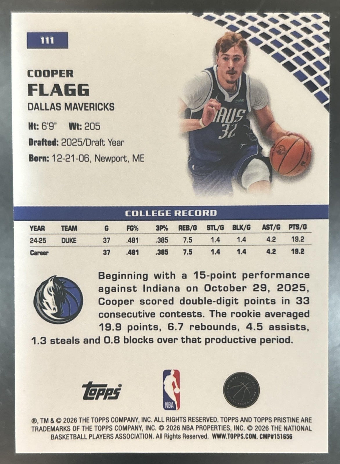 2025-26 Topps Pristine Cooper Flagg #111 RC Mavericks