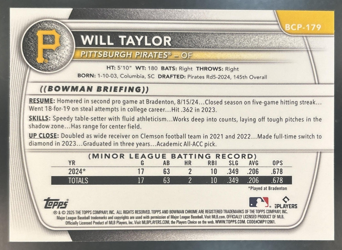 2025 Bowman Chrome Will Taylor Purple Wave /250 #BCP-179 1st Prospect Pirates