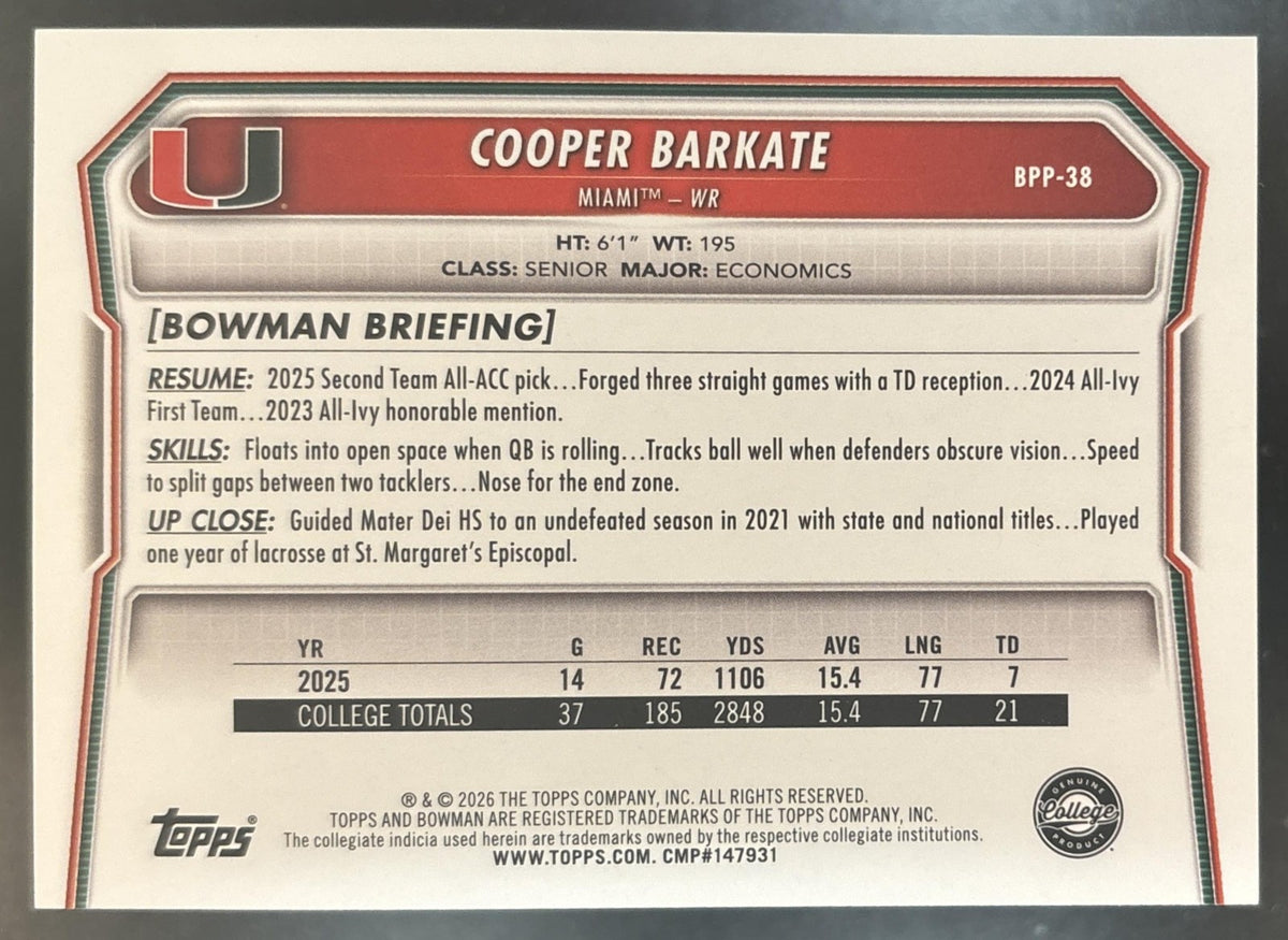 2026 Bowman Cooper Barkate Paper Blue /150 #BPP-38 1st Prospect Hurricanes
