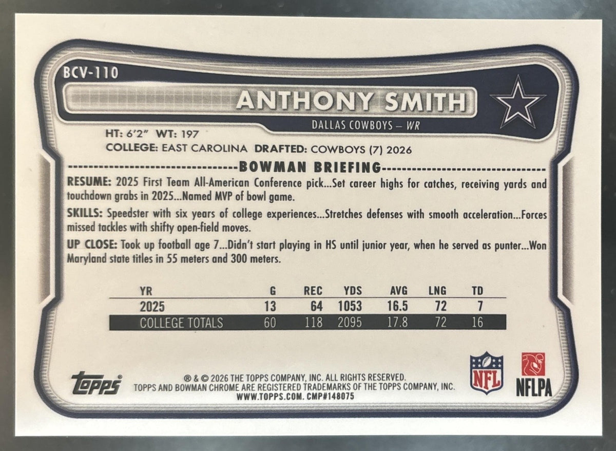 2026 Bowman Anthony Smith Chrome NFL Blue Reptilian /150 #BCV-110 RC Cowboys