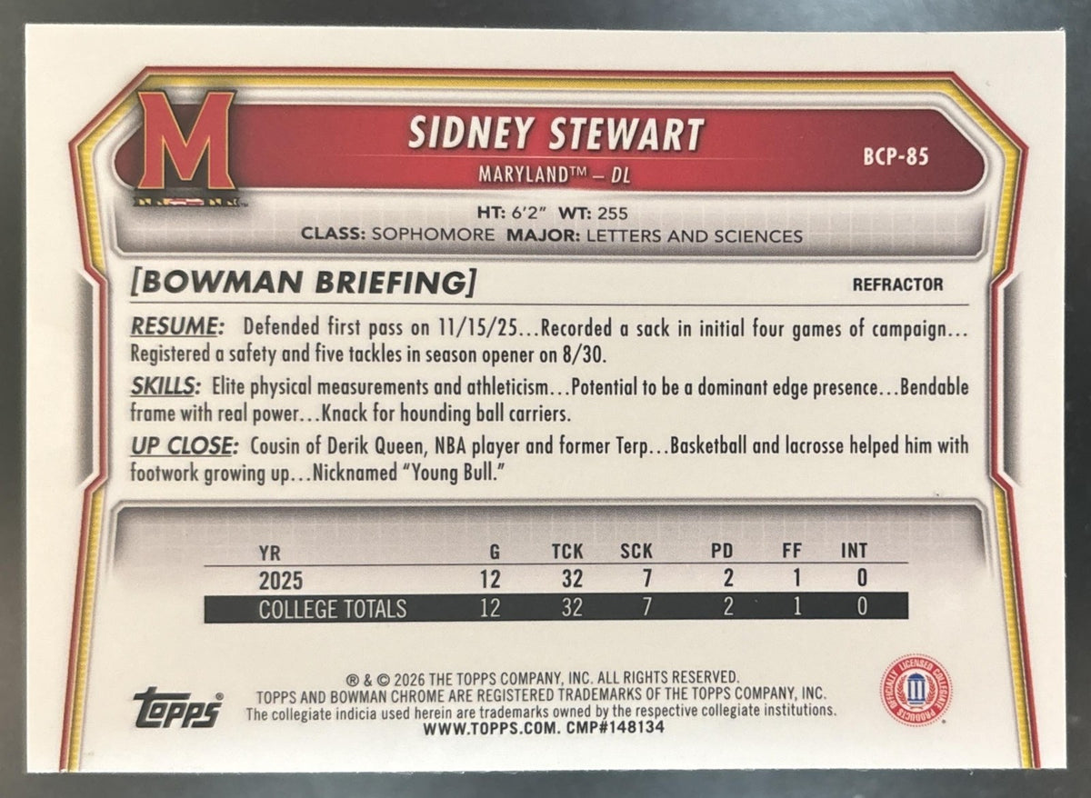 2026 Bowman Sidney Stewart Chrome Refractor /499 #BCP-85 1st Prospect Terrapins