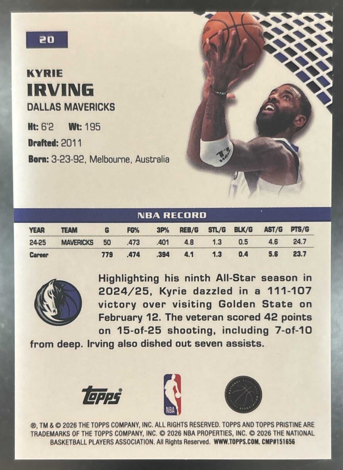 2025-26 Topps Pristine Kyrie Irving Pink Refractor /15 #20 Dallas Mavericks