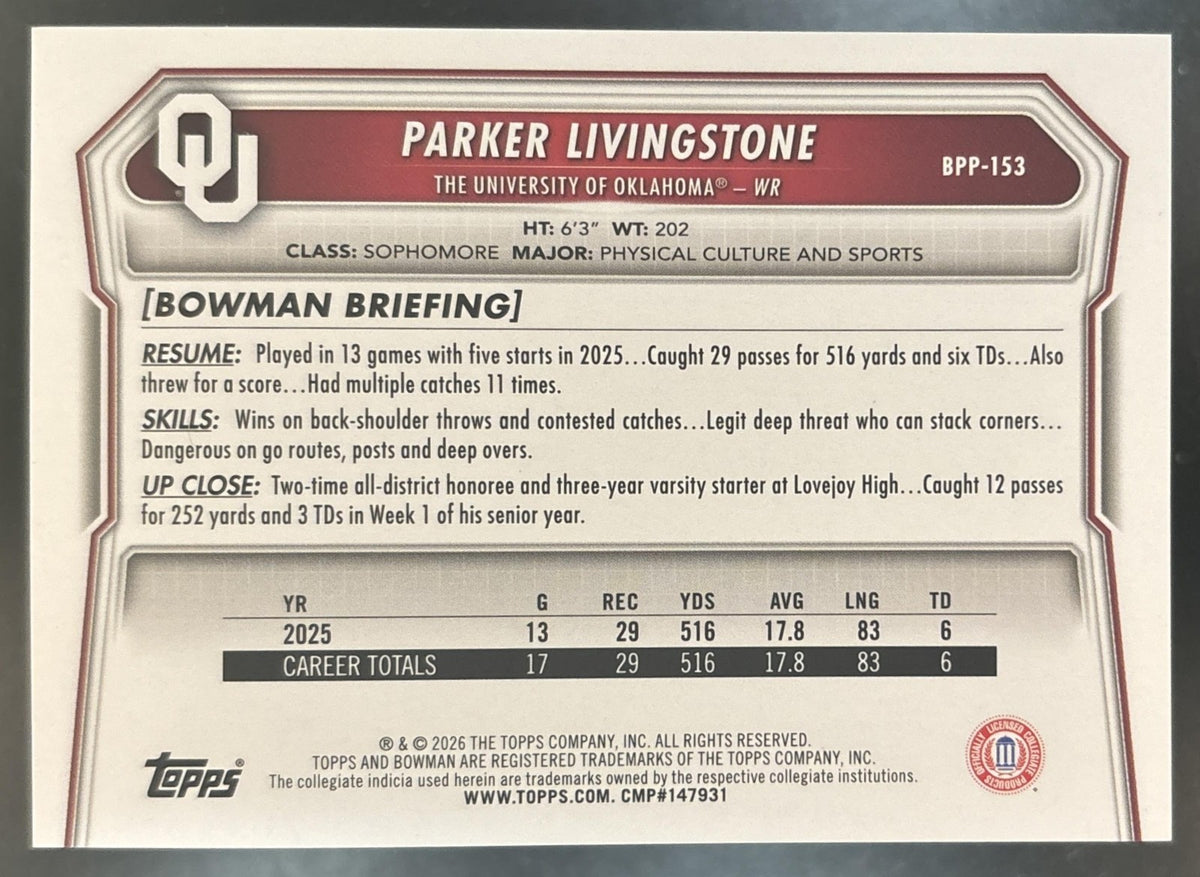 2026 Bowman Parker Livingstone Paper Purple /75 #BPP-153 1st Prospect Sooners
