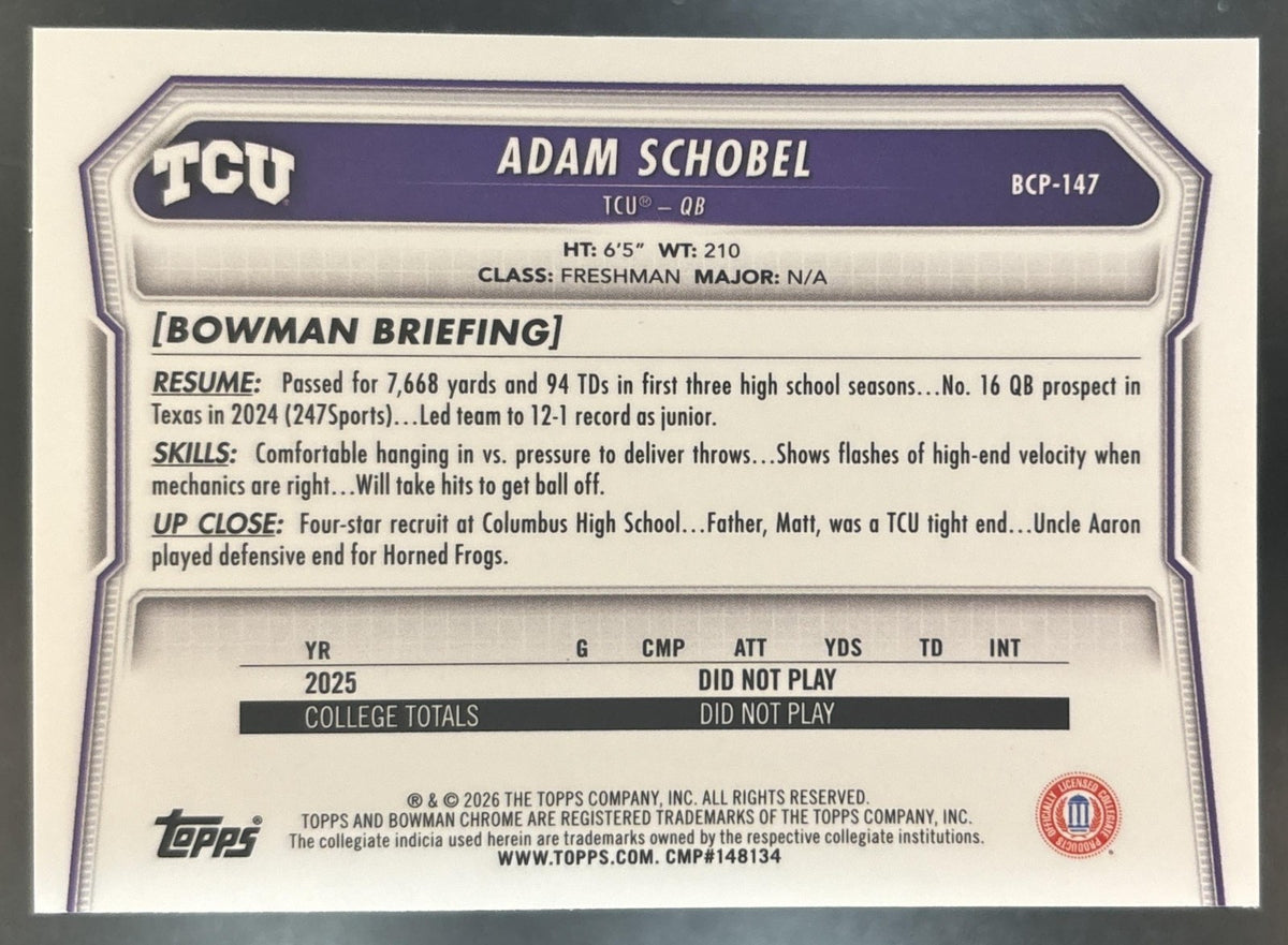 2026 Bowman Adam Schobel Chrome Fuschia /299 #BCP-147 1st Prospect Horned Frogs