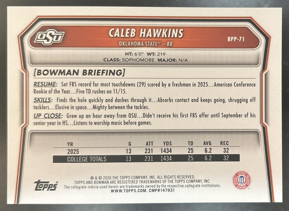 2026 Bowman Caleb Hawkins Paper Blue /150 #BPP-71 1st Prospect Cowboys