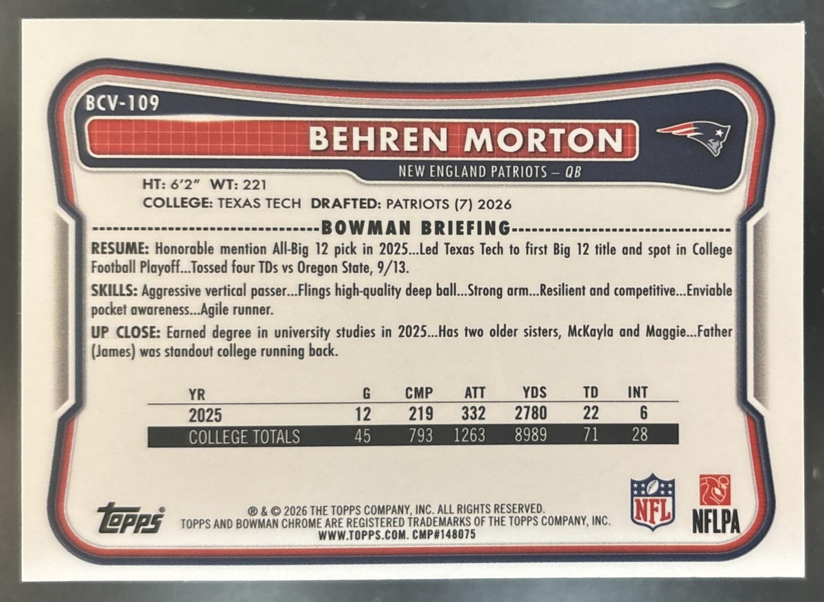 2026 Bowman Behren Morton Chrome NFL Green Shimmer /99 #BCV-109 RC Patriots