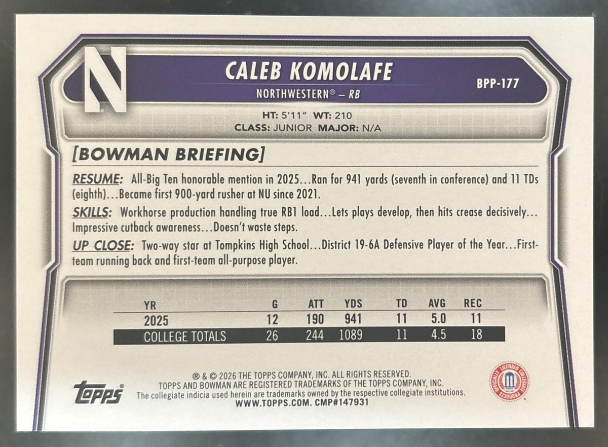 2026 Bowman Caleb Komolafe Paper Blue /150 #BPP-177 1st Prospect Wildcats