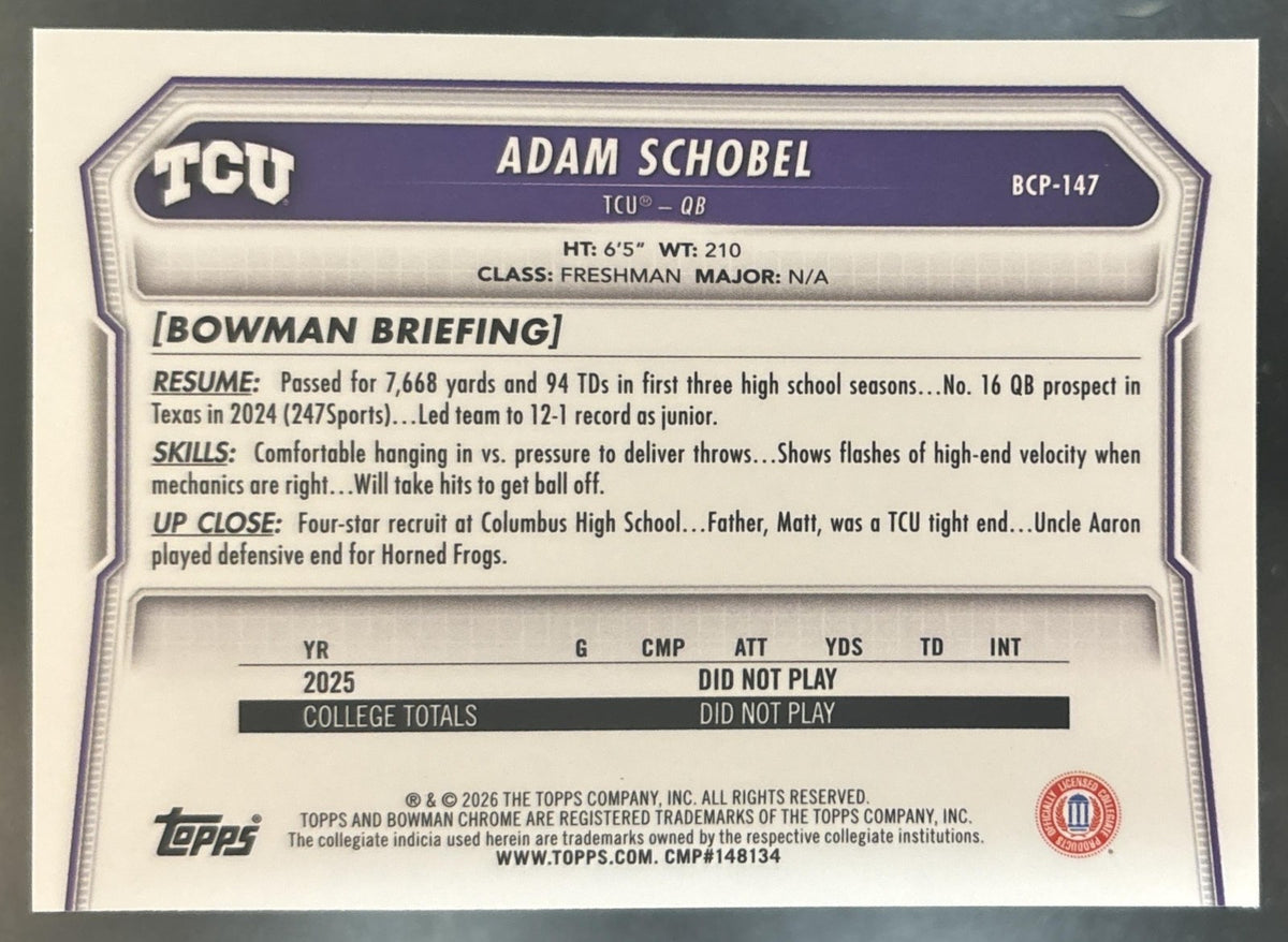 2026 Bowman Adam Schobel Chrome Fuschia /299 #BCP-147 1st Prospect Horned Frogs