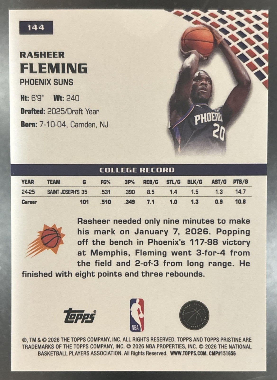 2025-26 Topps Pristine Rasheer Fleming Gold Refractor /50 #144 RC Phoenix Suns