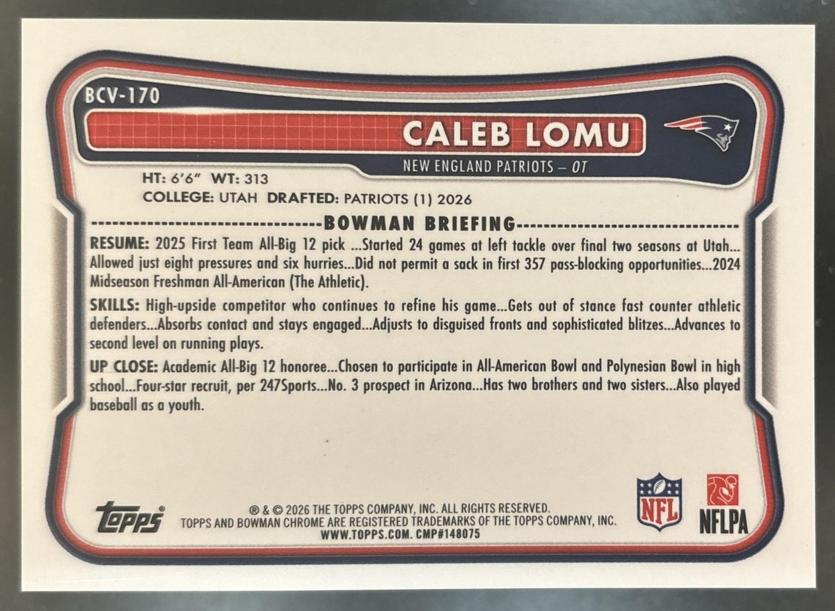 2026 Bowman Caleb Lomu Chrome NFL Blue Reptilian /150 #BCV-170 RC Patriots