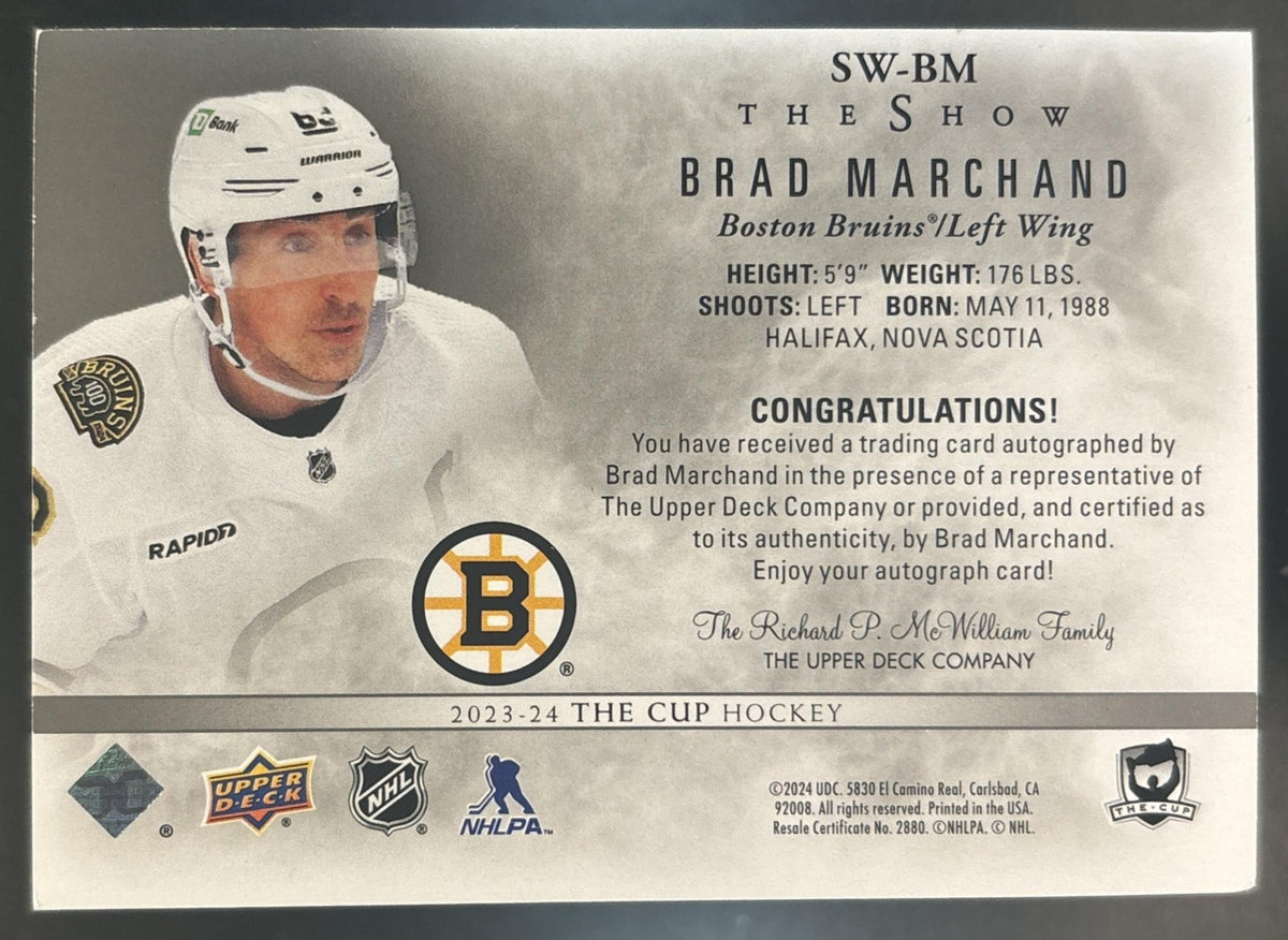 2024-25 Upper Deck The Cup Brad Marchand 2023 24 Update Show White Auto Bruins