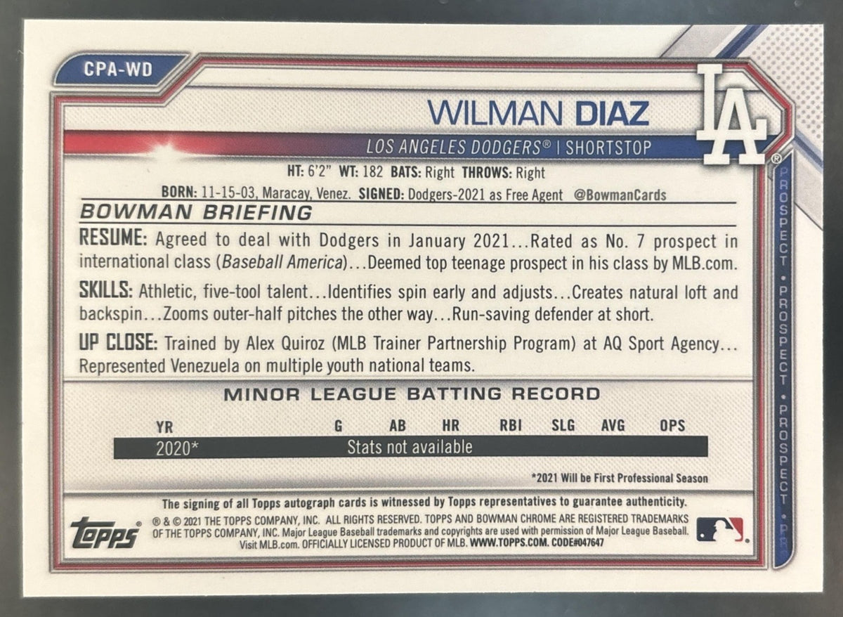 2021 Bowman Chrome Wilman Diaz Auto #CPA-WD 1st Prospect Los Angeles Dodgers