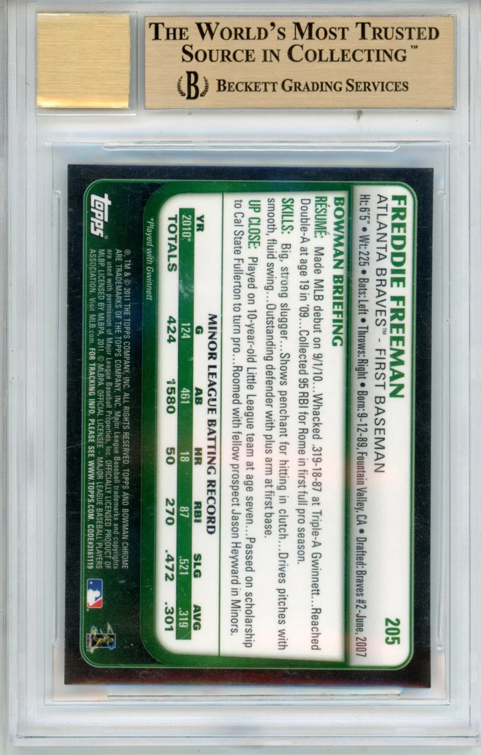 2011 Bowman Chrome Rookie Autographs Freddie Freeman #205 BGS 9.5