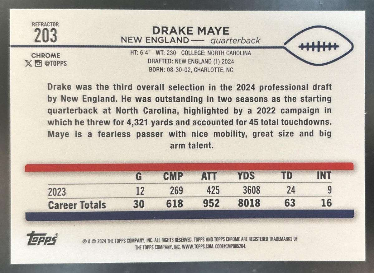 2024 Topps Chrome Drake Maye Refractor #203 RC New England Patriots