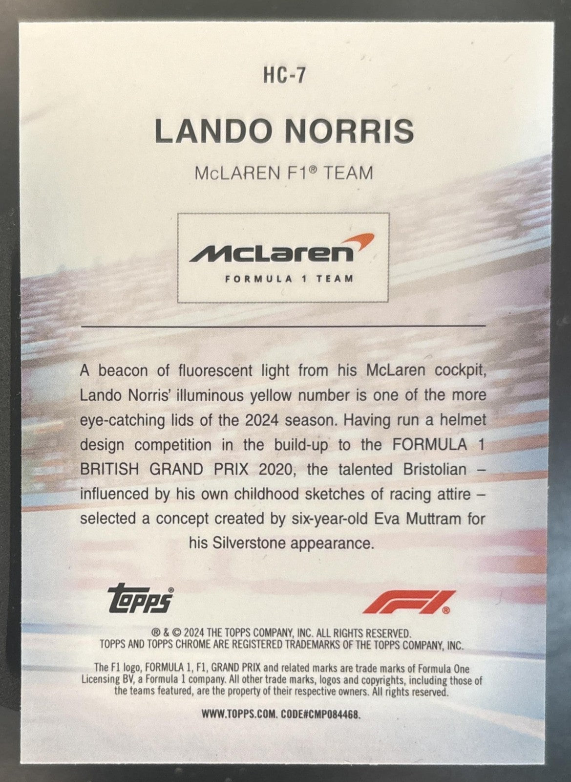 2024 Topps Chrome Formula 1 Lando Norris Helmet Collection #HC-7