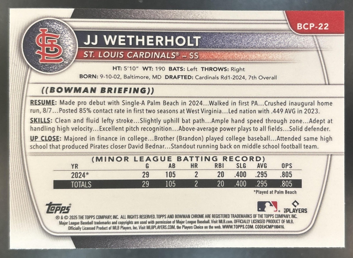 2025 Bowman JJ Wetherholt Chrome X-Fractor #BCP-22 1st Prospect Cardinals