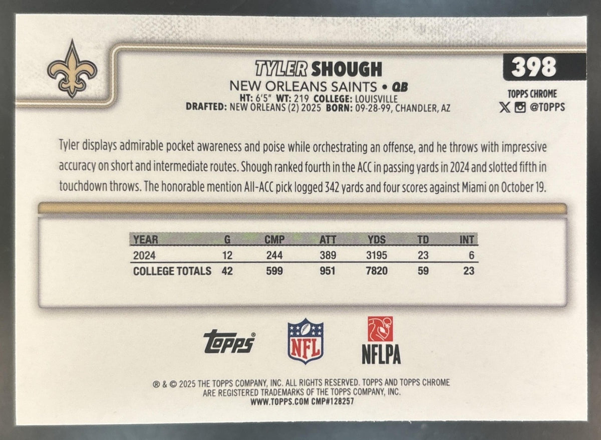 2025 Topps Chrome Sapphire Tyler Shough #398 RC New Orleans Saints