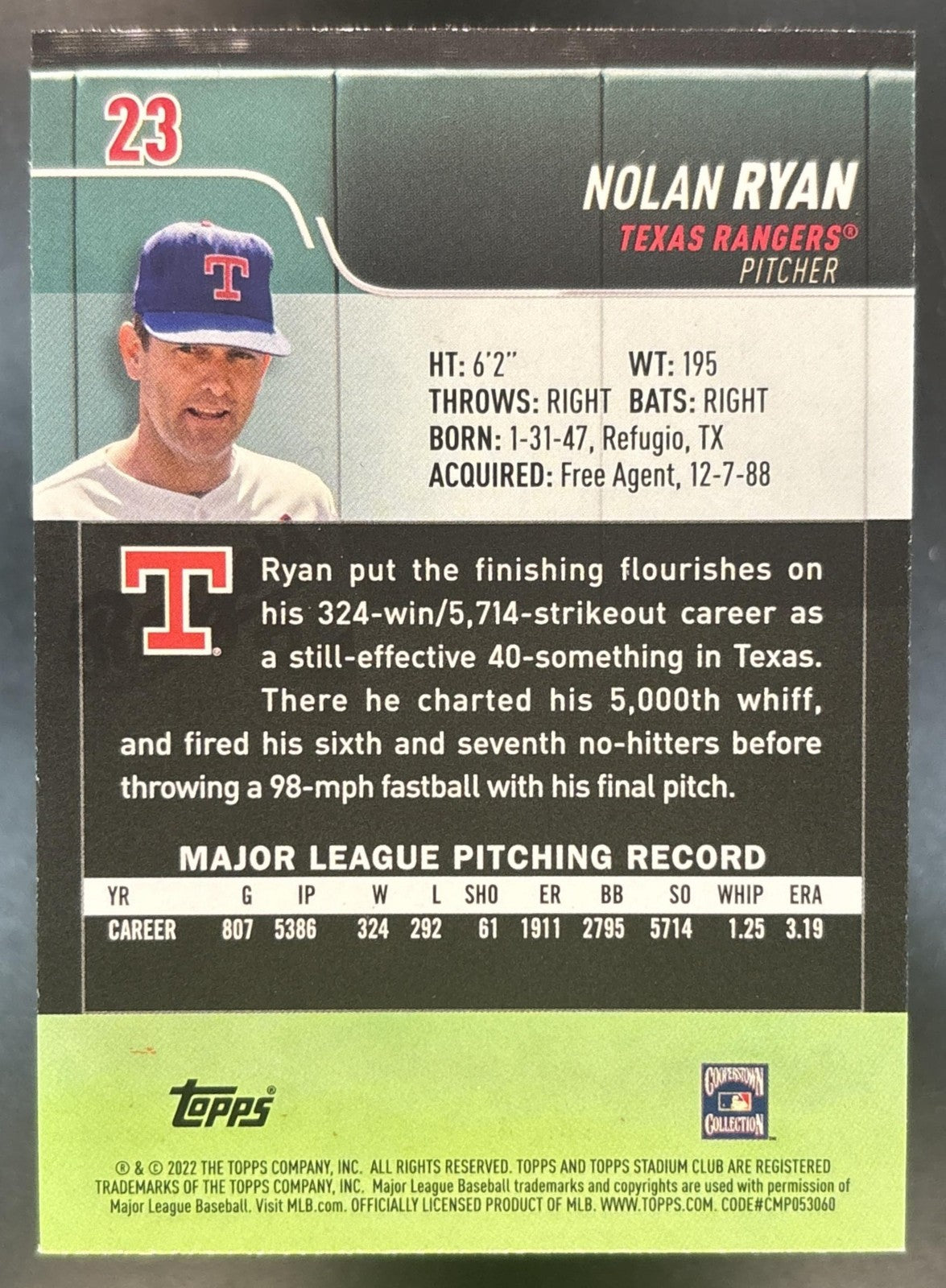 2022 Topps Stadium Club Nolan Ryan Sepia #23 Texas Rangers