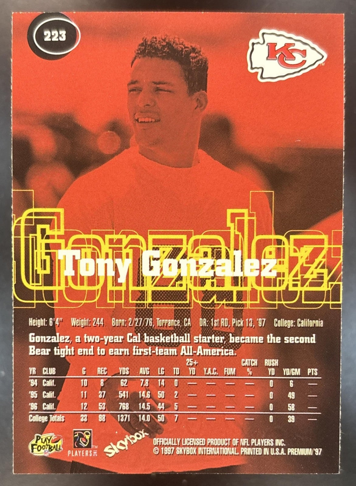 1997 Skybox Premium Tony Gonzalez #223 RC Kansas City Chiefs