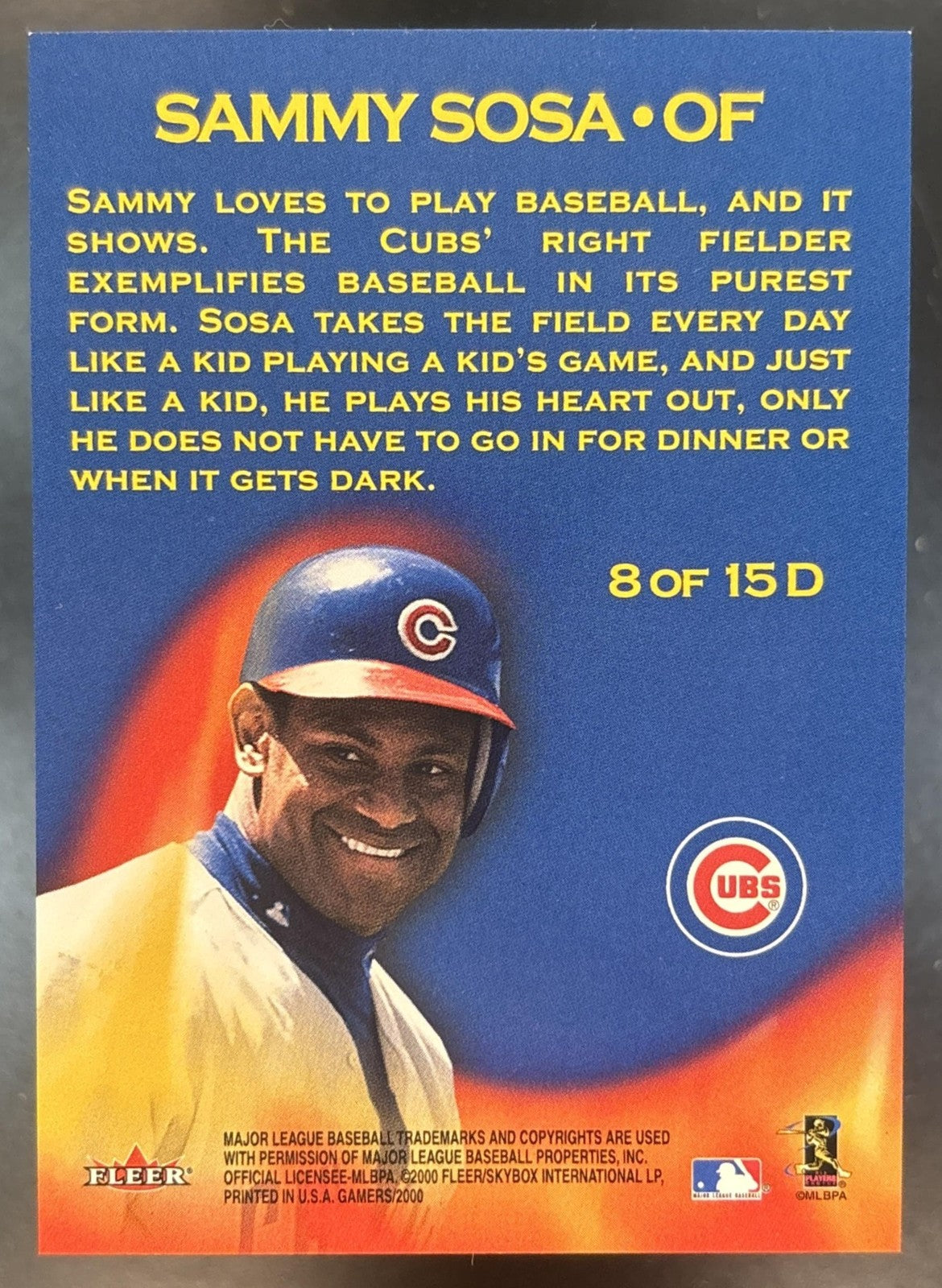 2000 Fleer Gamers Sammy Sosa Determined #8D Chicago Cubs