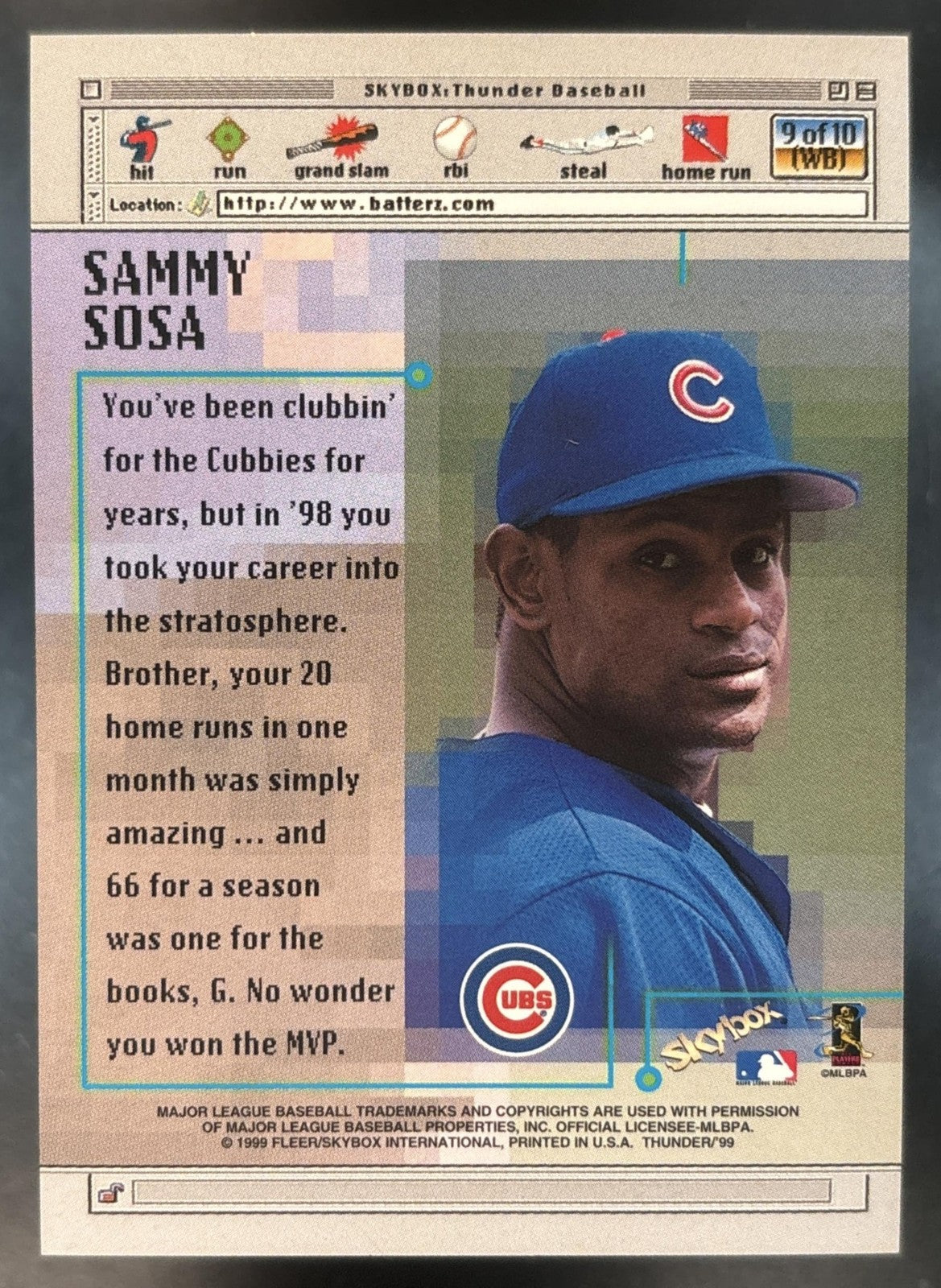 1999 Skybox Thunder Sammy Sosa #9 WB Chicago Cubs