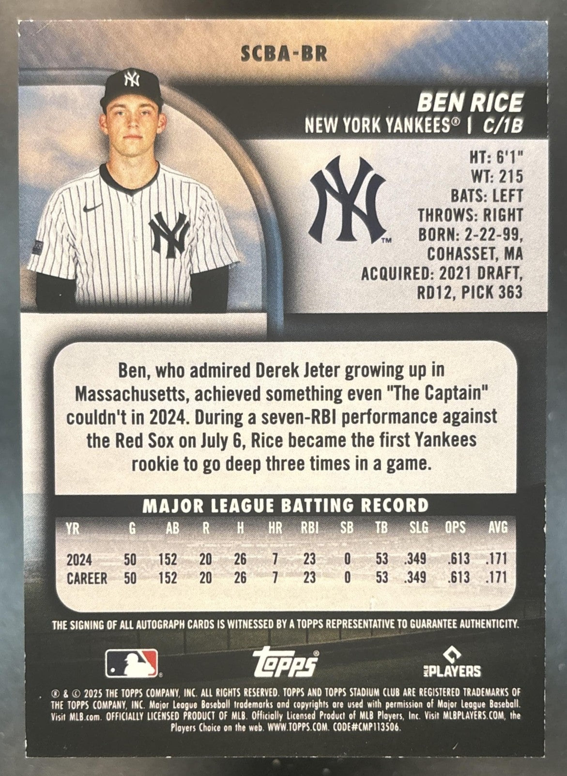 2025 Topps Stadium Club Ben Rice Auto #SCBA-BR RC New York Yankees