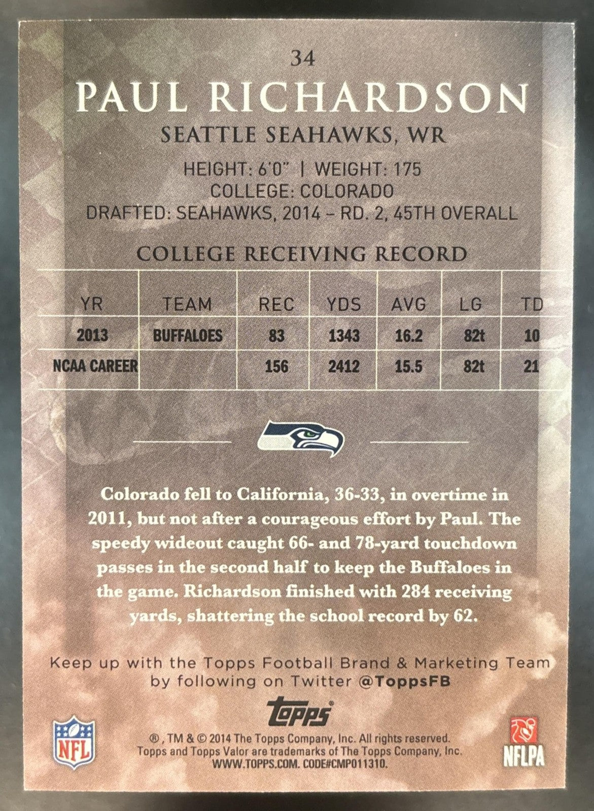 2014 Topps Valor Paul Richardson Strength /499 #34 RC Seattle Seahawks